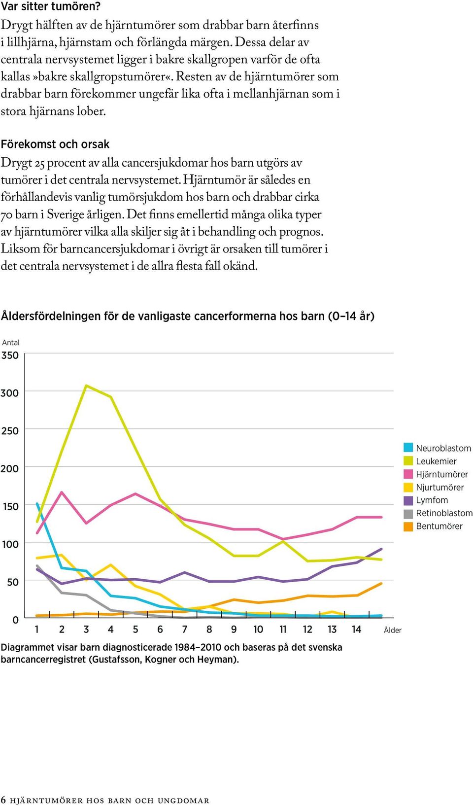 Resten av de hjärntumörer som drabbar barn förekommer ungefär lika ofta i mellan hjärnan som i stora hjärnans lober.