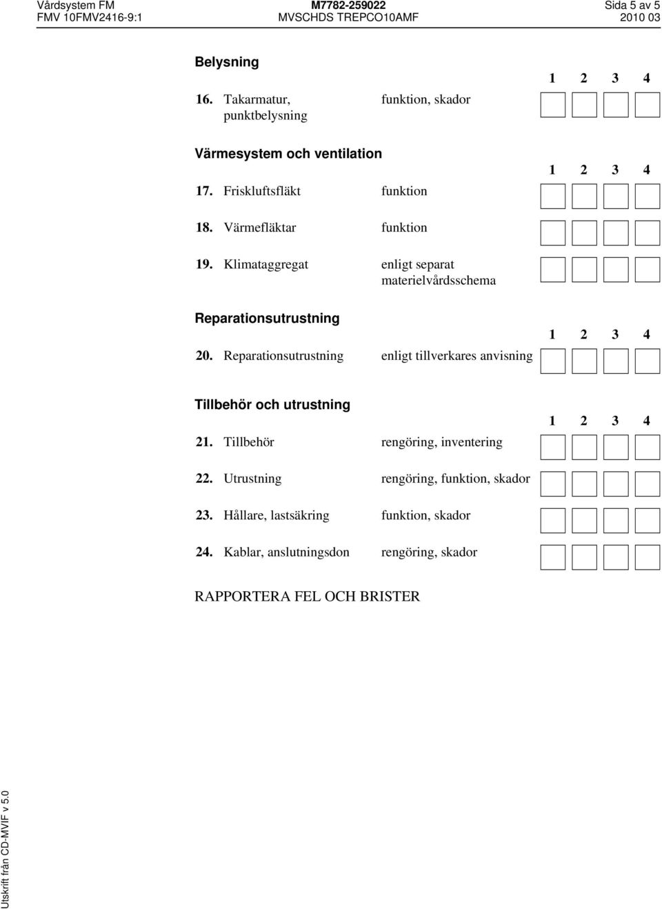 Reparationsutrustning enligt tillverkares anvisning Tillbehör och utrustning 21. Tillbehör rengöring, inventering 22.