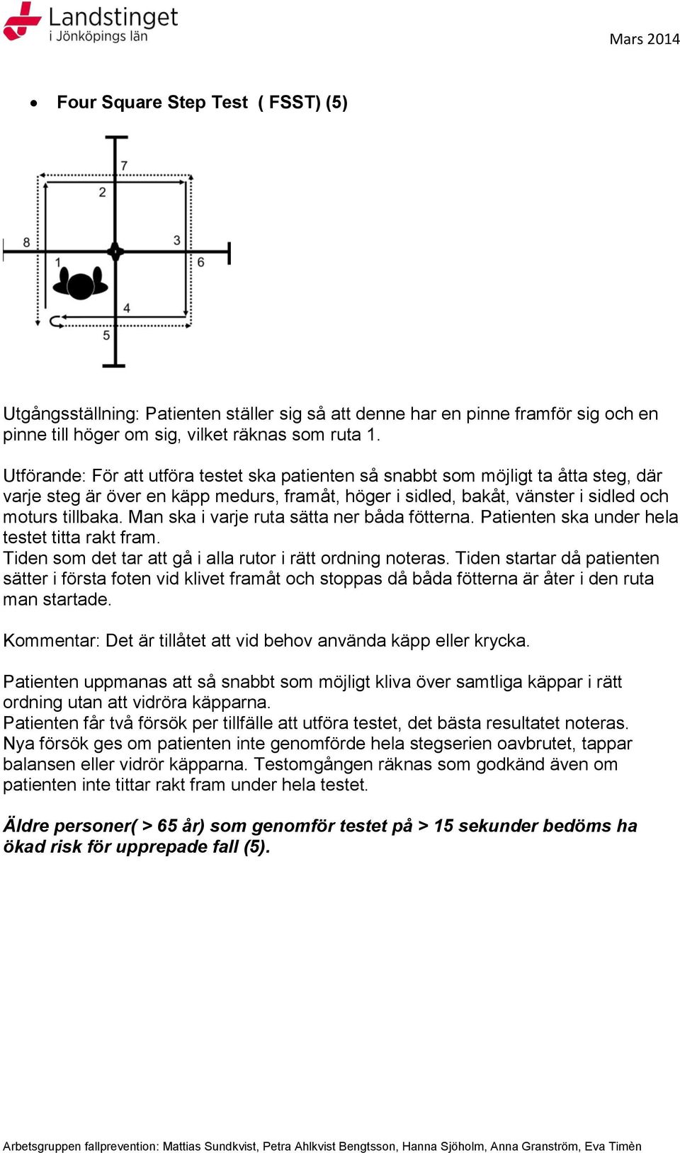 Man ska i varje ruta sätta ner båda fötterna. Patienten ska under hela testet titta rakt fram. Tiden som det tar att gå i alla rutor i rätt ordning noteras.