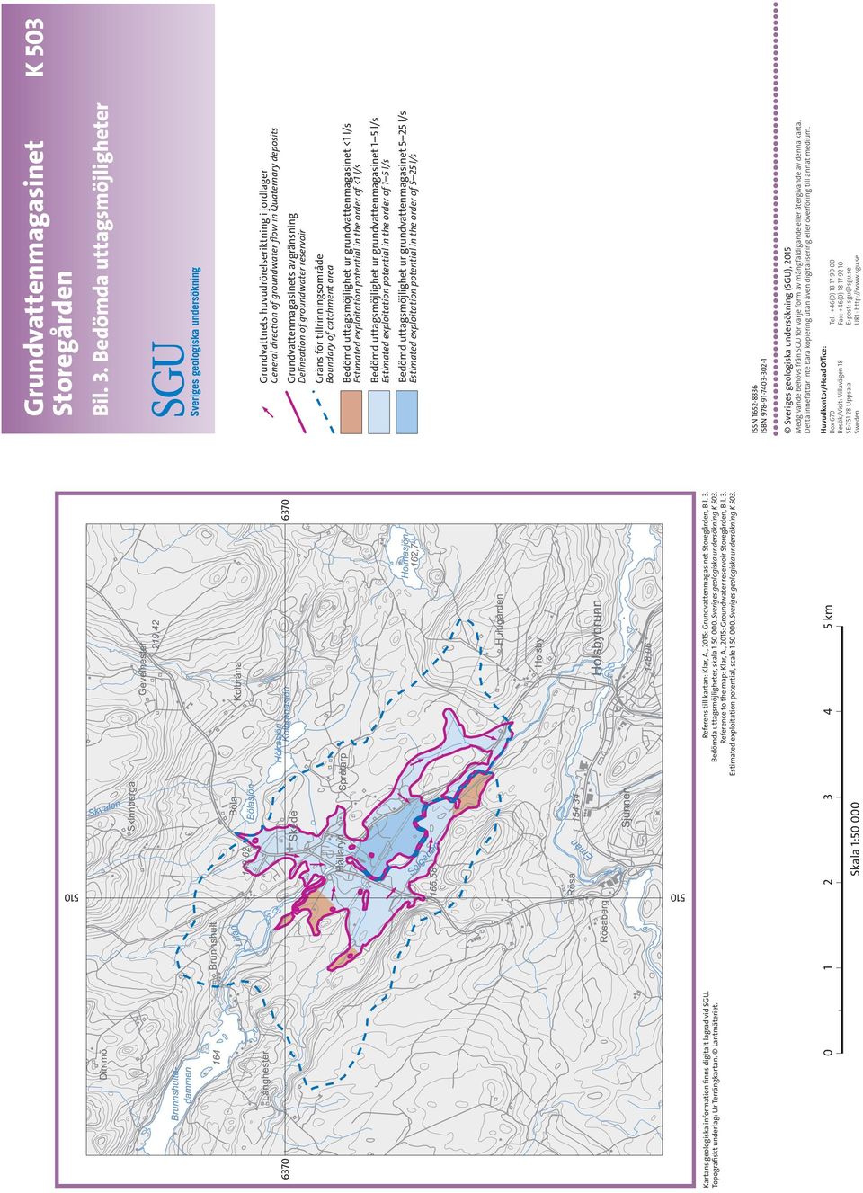 , 2015: Groundwater reservoir Storegården, Bil. 3. Estimated exploitation potential, scale 1:50 000. Sveriges geologiska undersökning K 503.