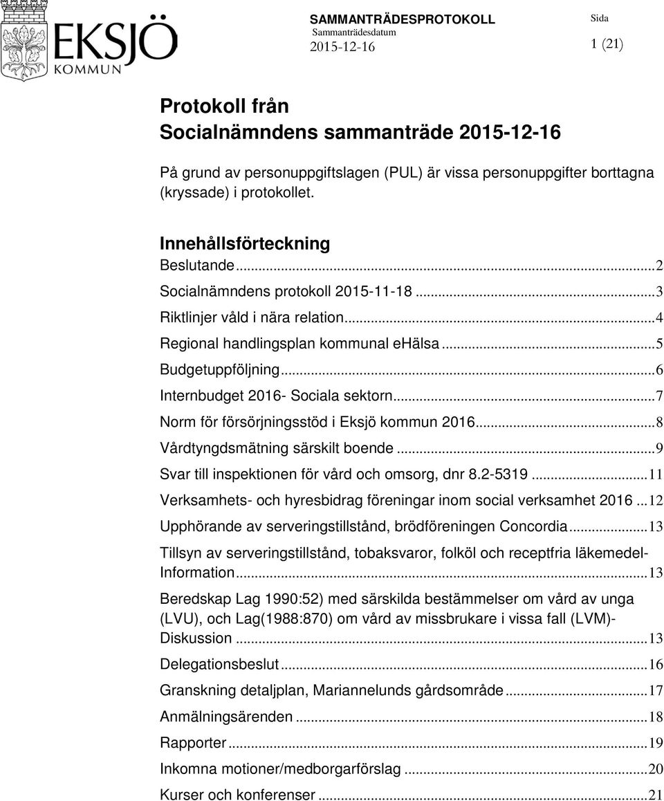 .. 6 Internbudget 2016- Sociala sektorn... 7 Norm för försörjningsstöd i Eksjö kommun 2016... 8 Vårdtyngdsmätning särskilt boende... 9 Svar till inspektionen för vård och omsorg, dnr 8.2-5319.