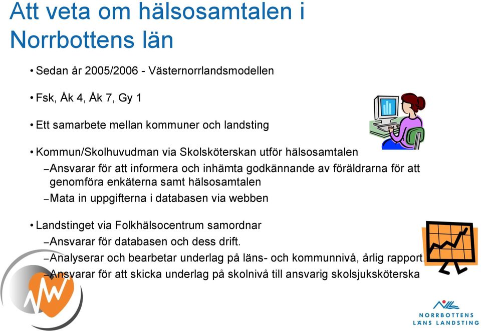 genomföra enkäterna samt hälsosamtalen Mata in uppgifterna i databasen via webben Landstinget via Folkhälsocentrum samordnar Ansvarar för databasen