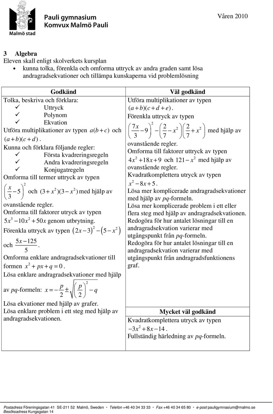 Kunna och förklara följande regler: Första kvadreringsregeln Andra kvadreringsregeln Konjugatregeln Omforma till termer uttryck av typen x 5 3 och (3 + x )(3 x ) med hjälp av ovanstående regler.