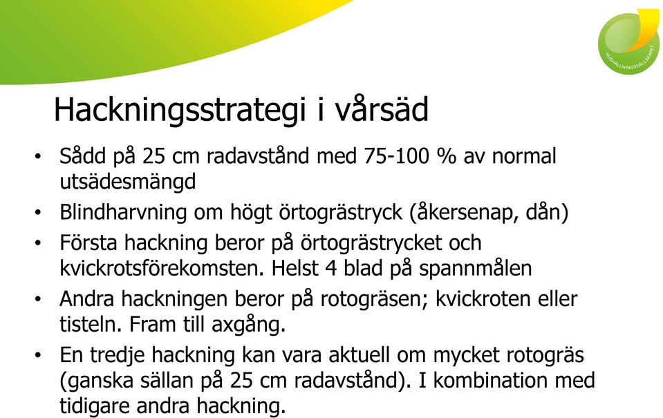 Helst 4 blad på spannmålen Andra hackningen beror på rotogräsen; kvickroten eller tisteln. Fram till axgång.