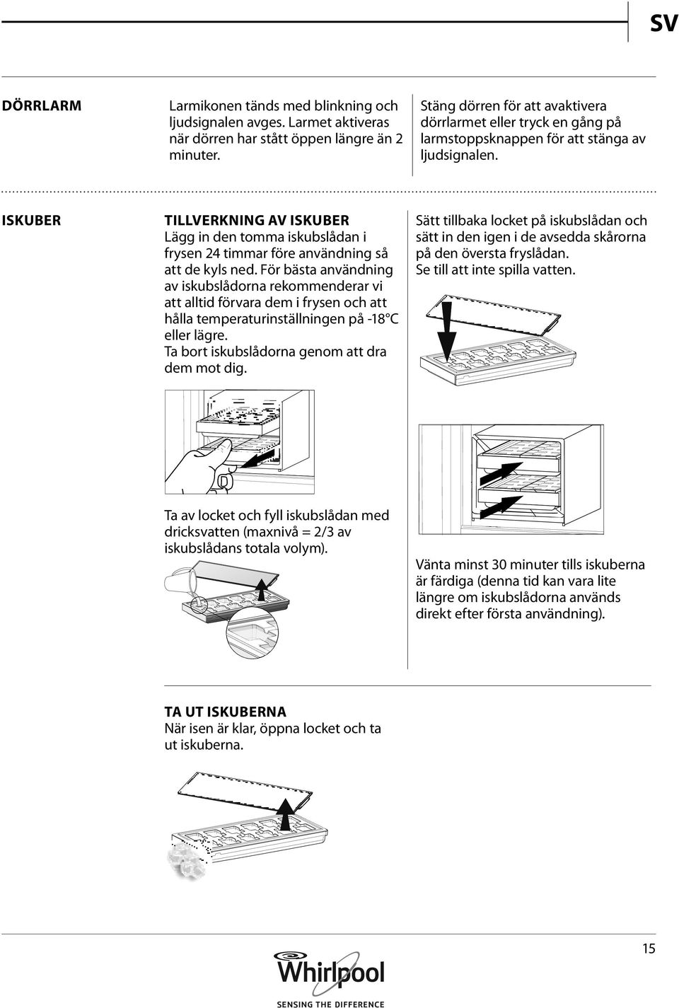 ISKUBER TILLVERKNING AV ISKUBER Lägg in den tomma iskubslådan i frysen 24 timmar före användning så att de kyls ned.