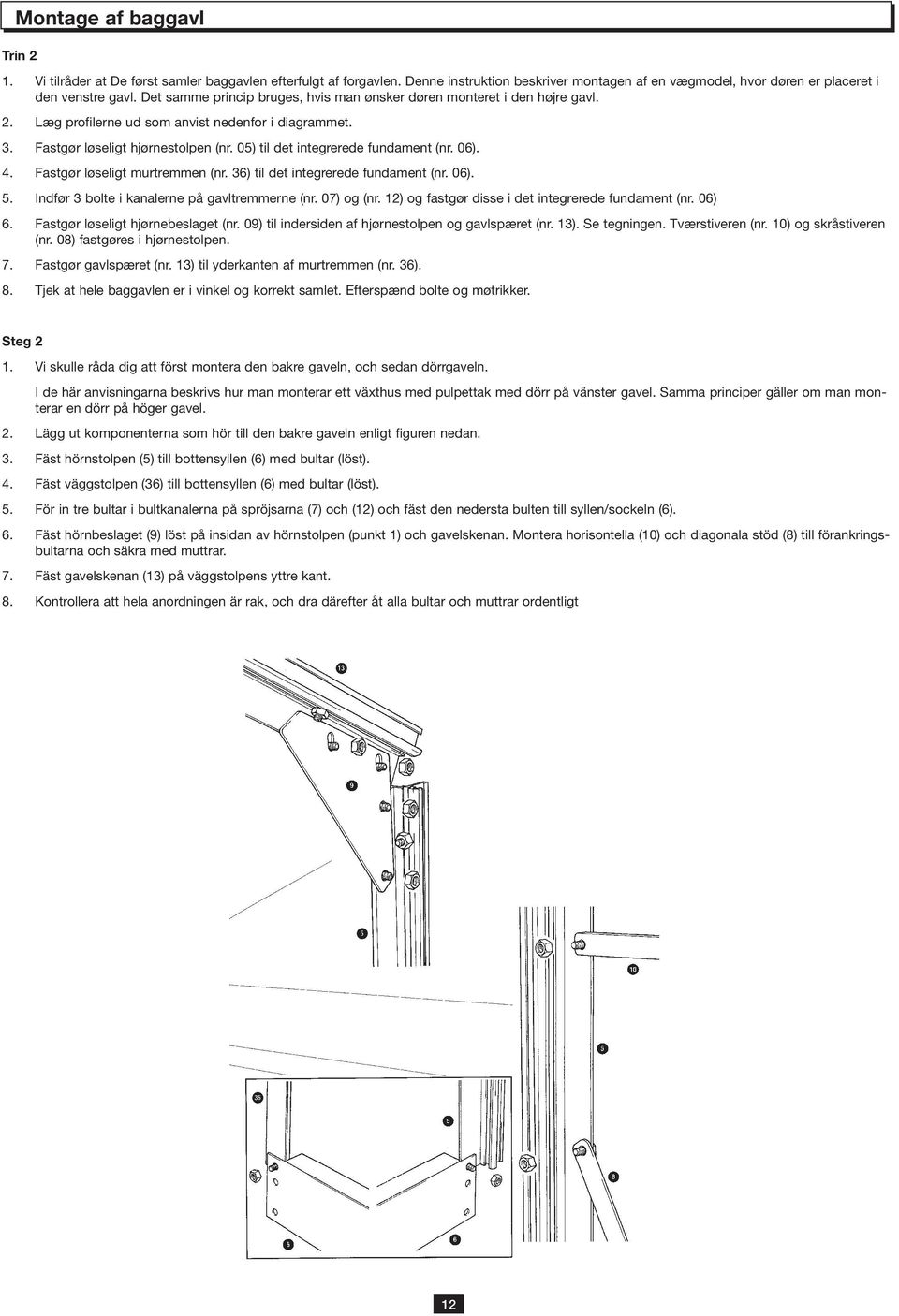 05) til det integrerede fundament (nr. 06). 4. Fastgør løseligt murtremmen (nr. 36) til det integrerede fundament (nr. 06). 5. Indfør 3 bolte i kanalerne på gavltremmerne (nr. 07) og (nr.