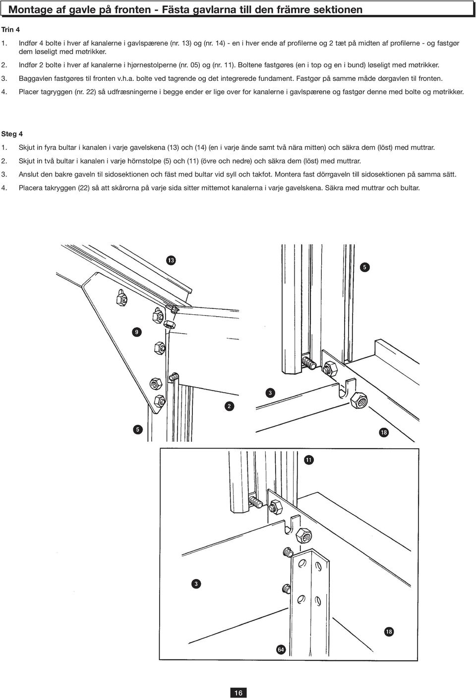 Boltene fastgøres (en i top og en i bund) løseligt med møtrikker. 3. Baggavlen fastgøres til fronten v.h.a. bolte ved tagrende og det integrerede fundament.