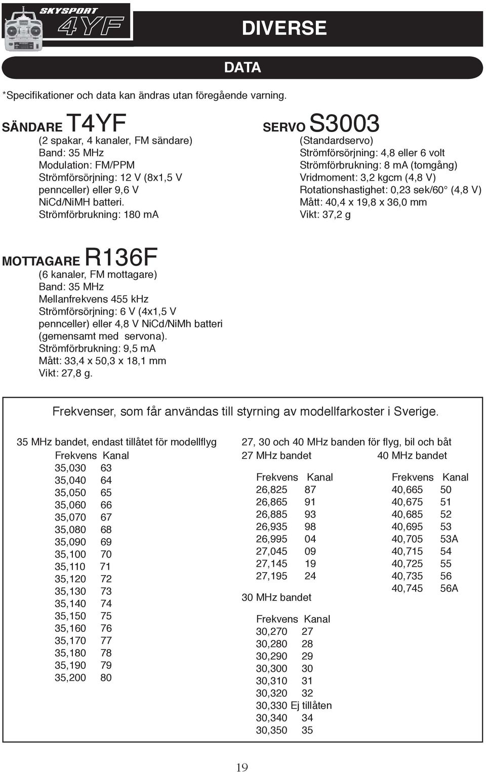 Strömförbrukning: 180 ma SERVO S3003 (Standardservo) Strömförsörjning: 4,8 eller 6 volt Strömförbrukning: 8 ma (tomgång) Vridmoment: 3,2 kgcm (4,8 V) Rotationshastighet: 0,23 sek/60 (4,8 V) Mått: