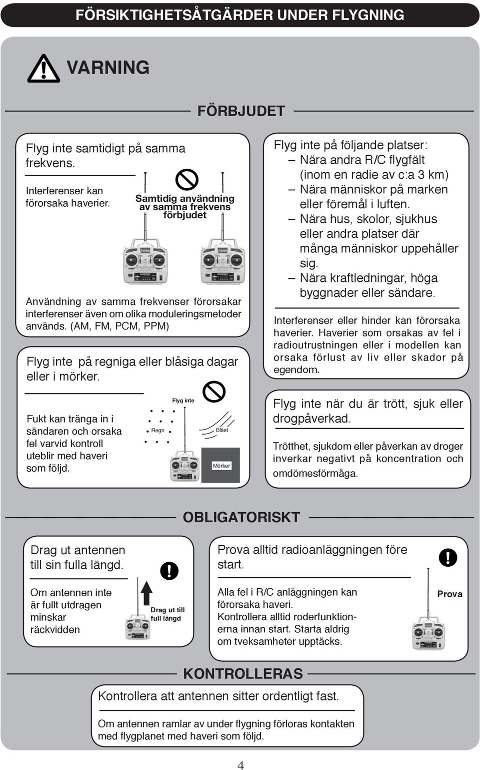 (AM, FM, PCM, PPM) Flyg inte på regniga eller blåsiga dagar eller i mörker.