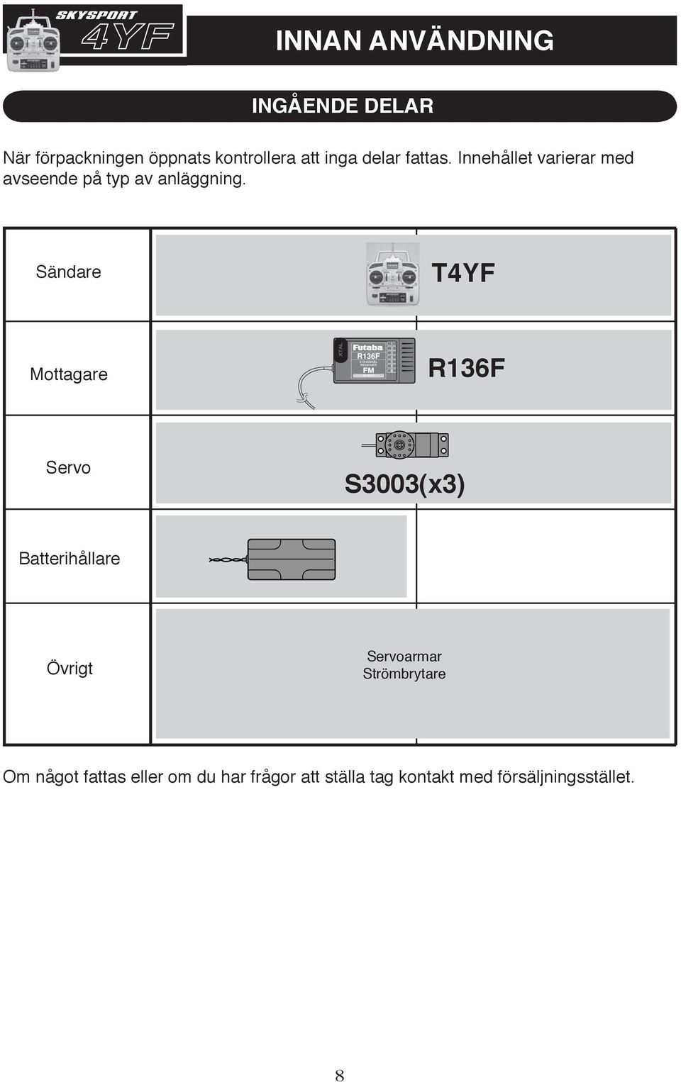 Sändare T4YF Mottagare R136F Servo S3003(x3) Batterihållare Övrigt Servoarmar