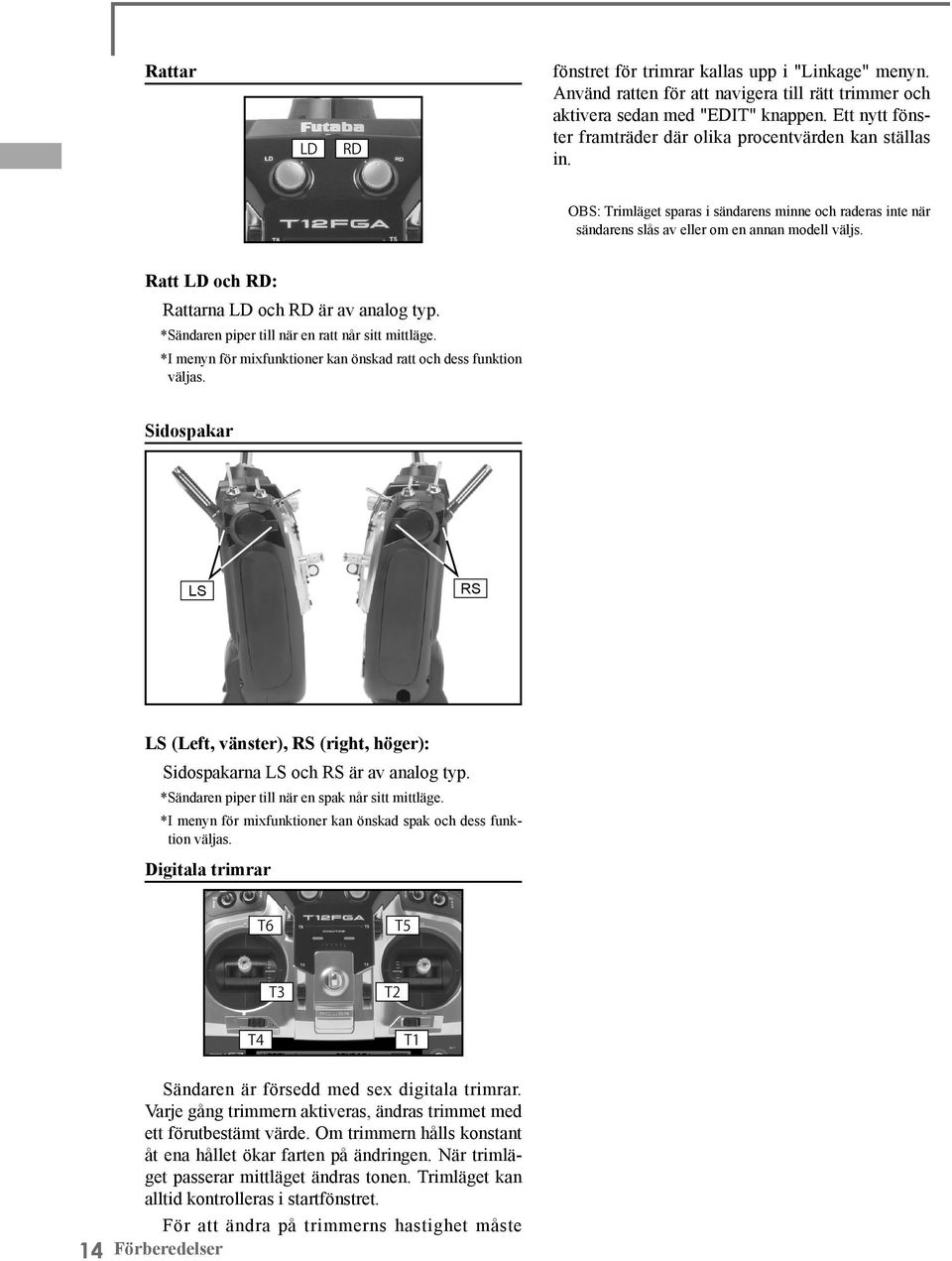 Ratt LD och RD: Rattarna LD och RD är av analog typ. *Sändaren piper till när en ratt når sitt mittläge. *I menyn för mixfunktioner kan önskad ratt och dess funktion väljas.