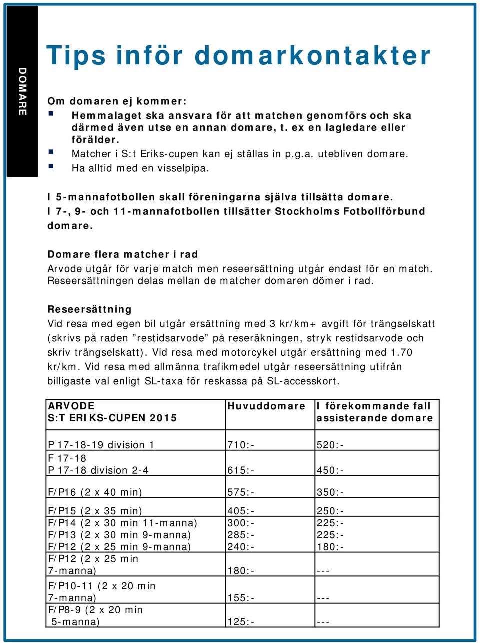 I 7-, 9- och 11-mannafotbollen tillsätter Stockholms Fotbollförbund domare. Domare flera matcher i rad Arvode utgår för varje match men reseersättning utgår endast för en match.