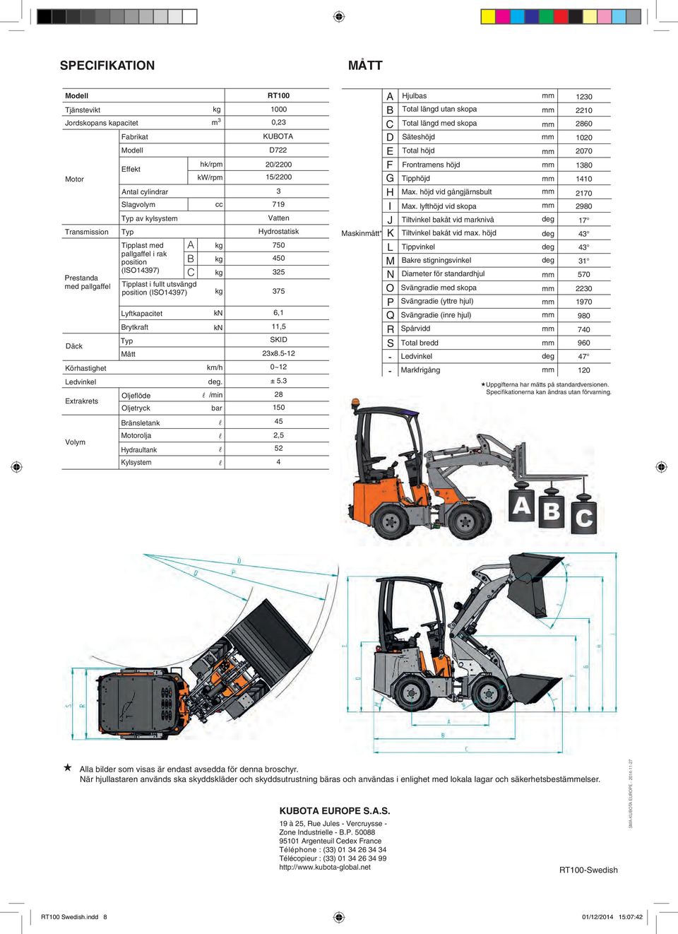 km/h. /min bar RT100 1000 0,23 KUBOTA D722 20/2200 15/2200 3 719 Vatten Hydrostatisk 750 450 325 375 6,1 11,5 SKID 23x8.5-12 0~12 ± 5.