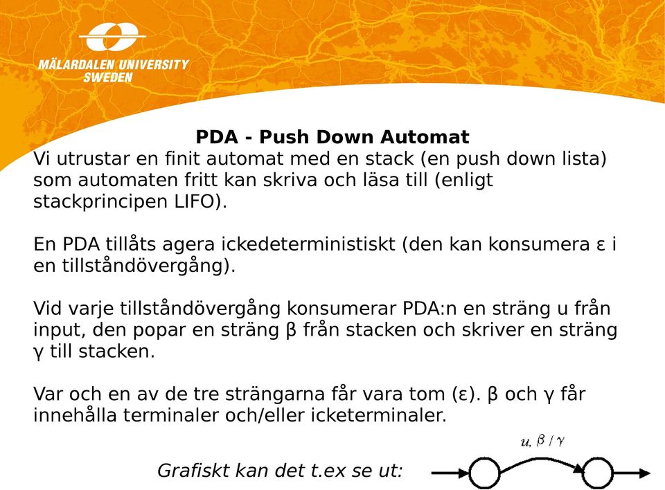 Vid varje tillståndövergång konsumerar PDA:n en sträng u från input, den popar en sträng β från stacken och skriver en sträng γ