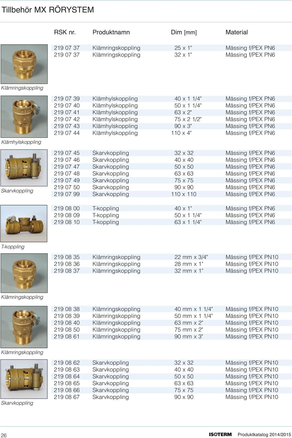 Klämhylskoppling 50 x 1 1/4" Mässing f/pex PN6 219 07 41 Klämhylskoppling 63 x 2" Mässing f/pex PN6 219 07 42 Klämhylskoppling 75 x 2 1/2" Mässing f/pex PN6 219 07 43 Klämhylskoppling 90 x 3" Mässing