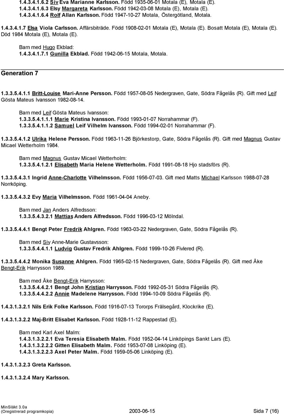 Barn med Hugo Ekblad: 1.4.3.4.1.7.1 Gunilla Ekblad. Född 1942-06-15 Motala, Motala. Generation 7 1.3.3.5.4.1.1 Britt-Louise Mari-Anne Persson. Född 1957-08-05 Nedergraven, Gate, Södra Fågelås (R).