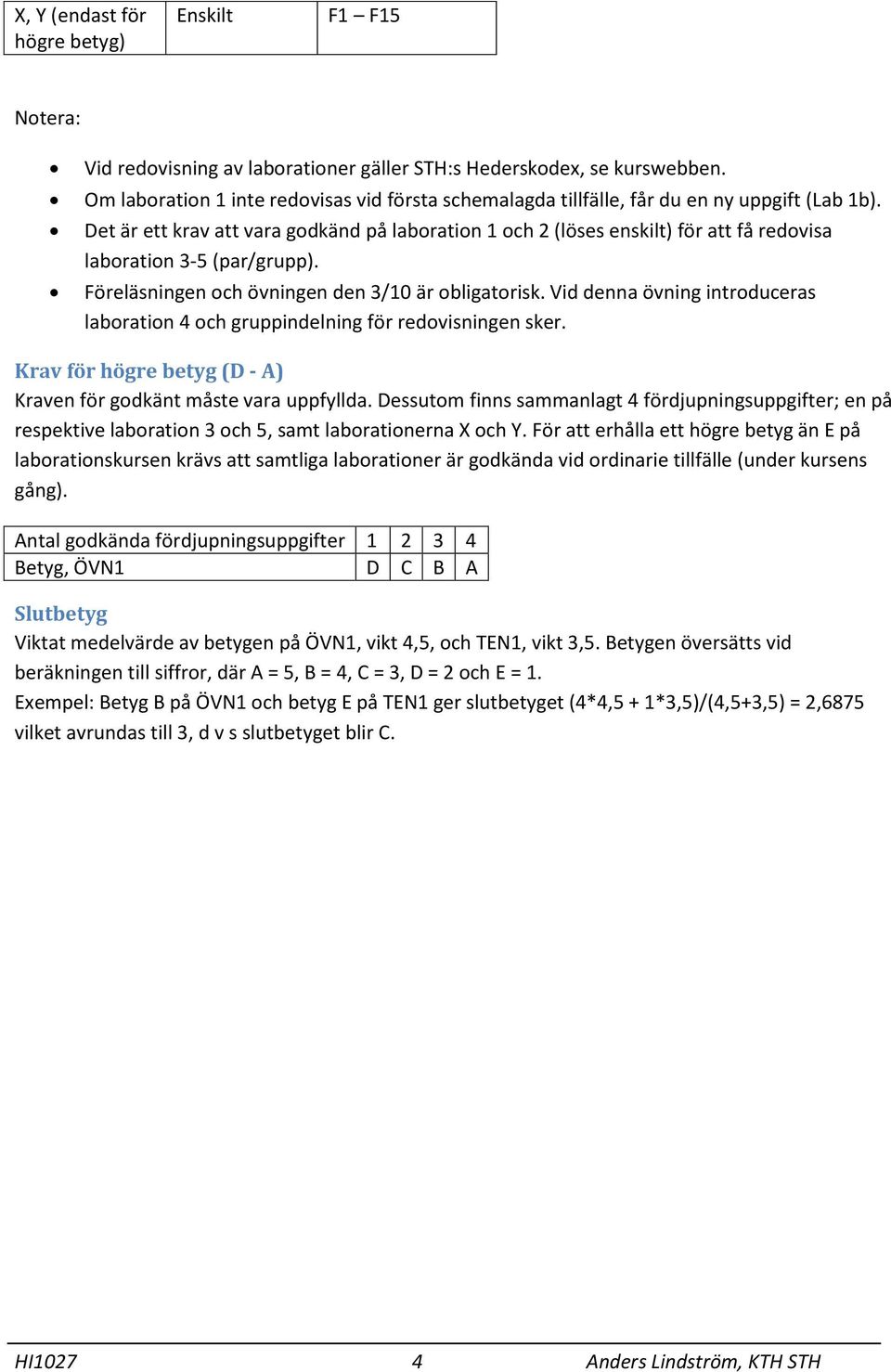 Det är ett krav att vara godkänd på laboration 1 och 2 (löses enskilt) för att få redovisa laboration 3-5 (par/grupp). Föreläsningen och övningen den 3/10 är obligatorisk.