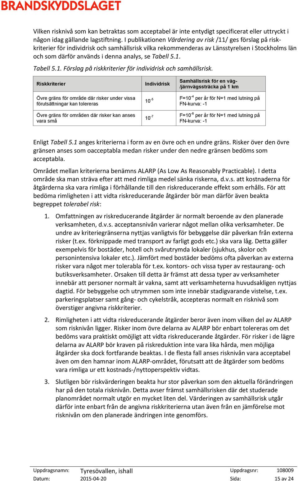 Tabell 5.1. Tabell 5.1. Förslag på riskkriterier för individrisk och samhällsrisk.