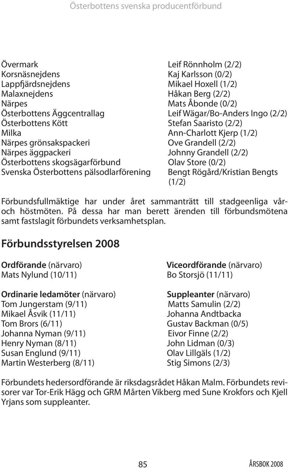 skogsägarförbund Olav Store (0/2) Svenska Österbottens pälsodlarförening Bengt Rögård/Kristian Bengts (1/2) Förbundsfullmäktige har under året sammanträtt till stadgeenliga våroch höstmöten.