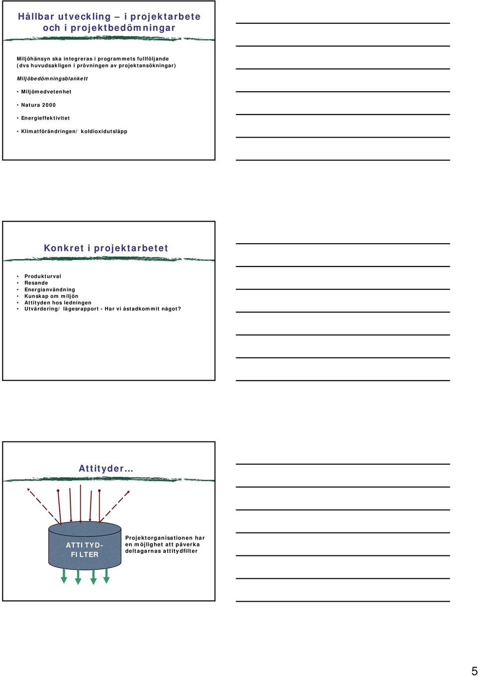 koldioxidutsläpp Konkret i projektarbetet Produkturval Resande Energianvändning Kunskap om miljön Attityden hos ledningen Utvärdering/