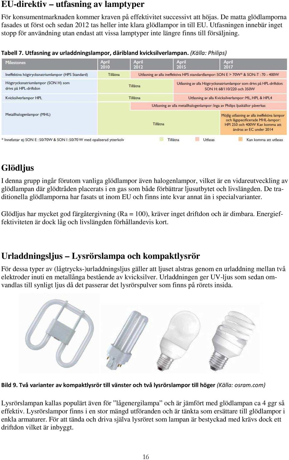 Utfasningen innebär inget stopp för användning utan endast att vissa lamptyper inte längre finns till försäljning. Tabell 7. Utfasning av urladdningslampor, däribland kvicksilverlampan.