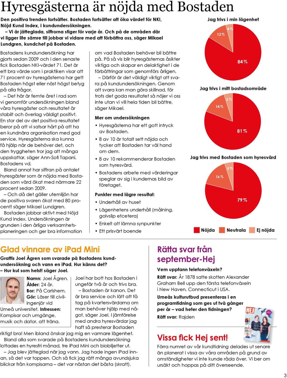 Bostadens kundundersökning har gjorts sedan 2009 och i den senaste fick Bostaden NKI-värdet 71.