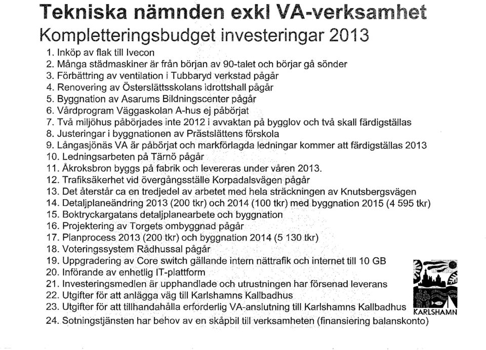 Vårdprogram Väggaskolan A-hus ej påbörjat 7. Två miljöhus påbörjades inte 2012 i awaktan på bygglov och två skall färdigställas 8. Justeringar i byggnationen av Prästslättens förskola 9.