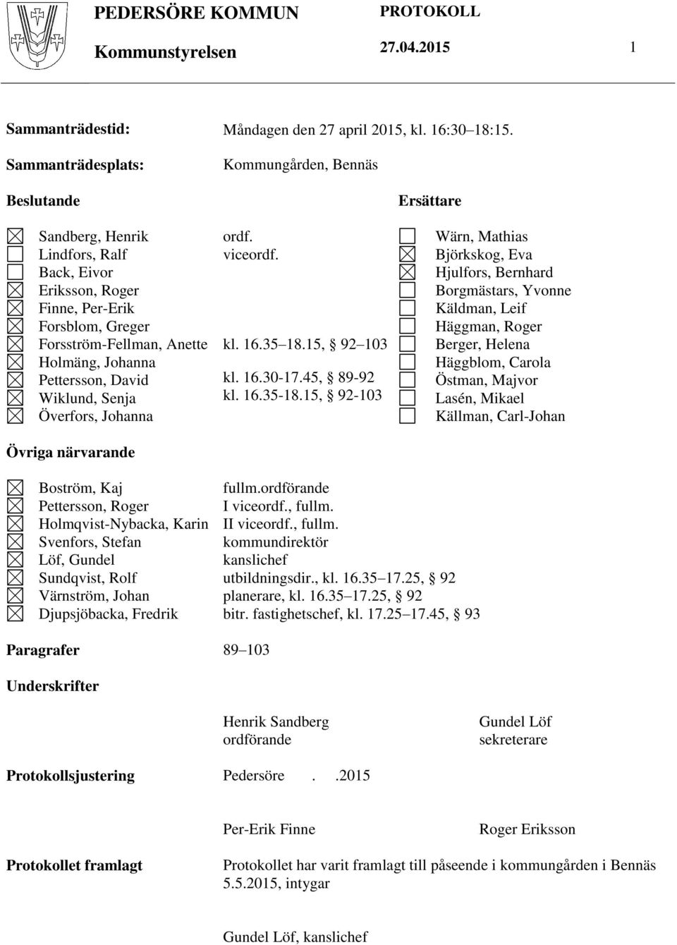 Överfors, Johanna Övriga närvarande ordf. viceordf. kl. 16.35 18.15, 92 103 kl. 16.30-17.45, 89-92 kl. 16.35-18.