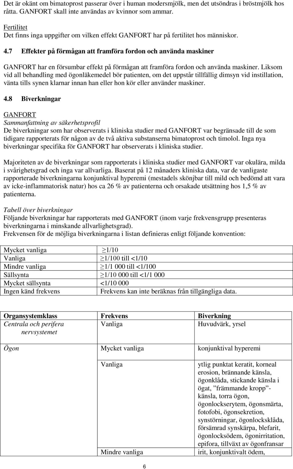 7 Effekter på förmågan att framföra fordon och använda maskiner GANFORT har en försumbar effekt på förmågan att framföra fordon och använda maskiner.