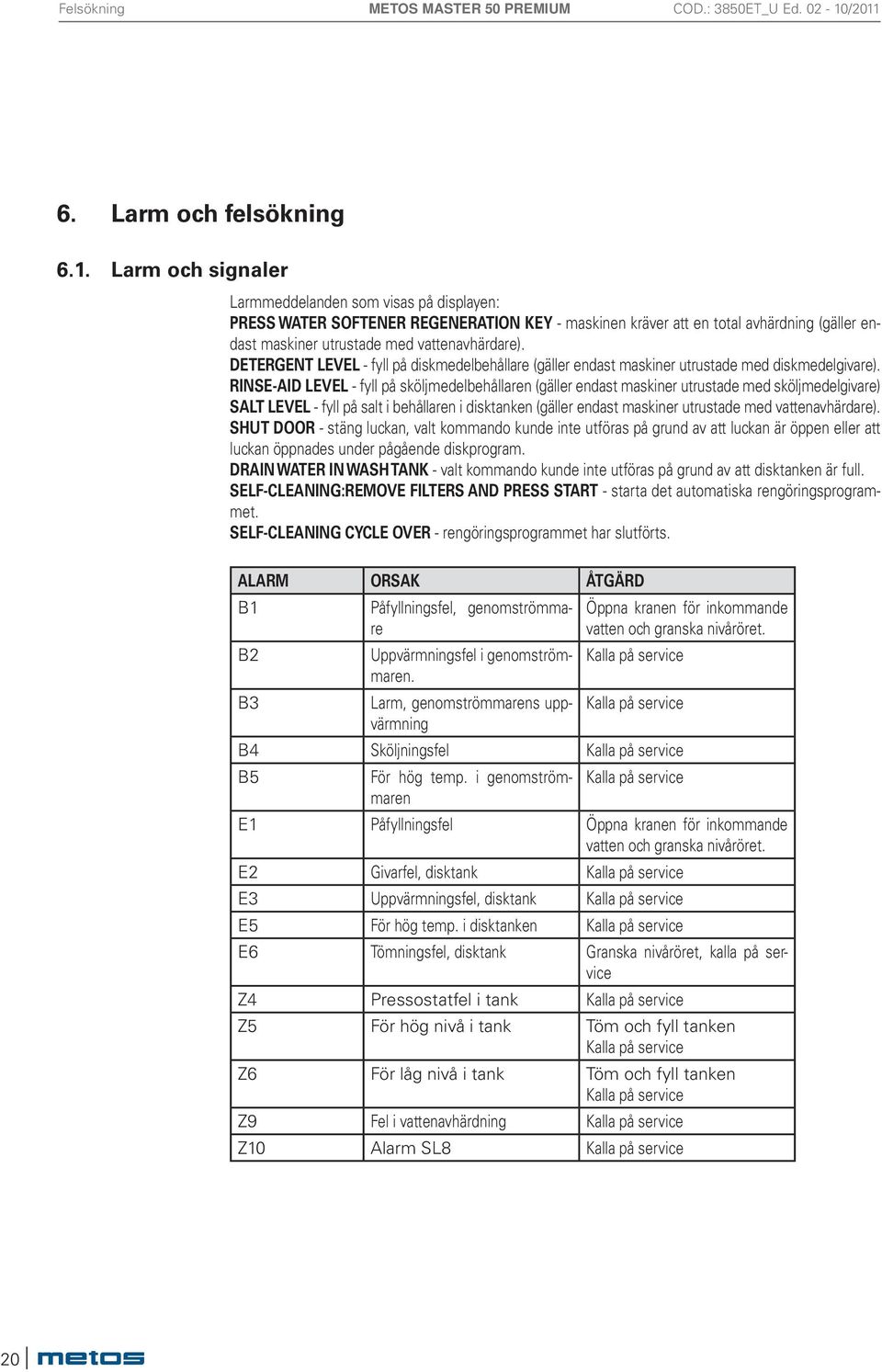 DETERGENT LEVEL - fyll på diskmedelbehållare (gäller endast maskiner utrustade med diskmedelgivare).