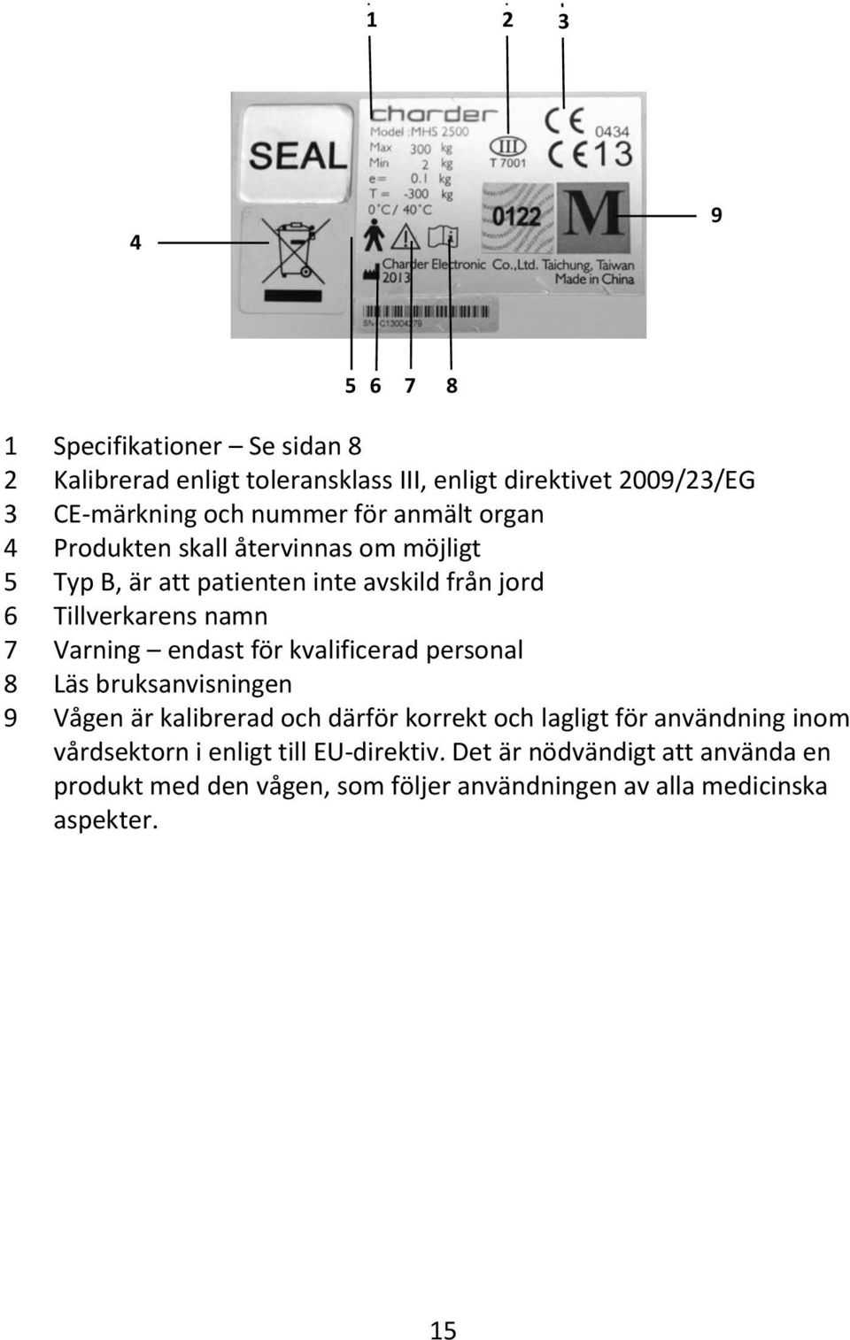 Varning endast för kvalificerad personal 8 Läs bruksanvisningen 9 Vågen är kalibrerad och därför korrekt och lagligt för användning inom