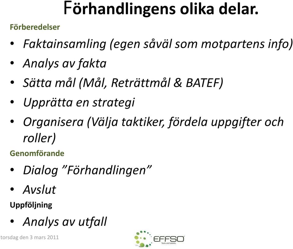 mål (Mål, Reträttmål & BATEF) Upprätta en strategi Organisera (Välja