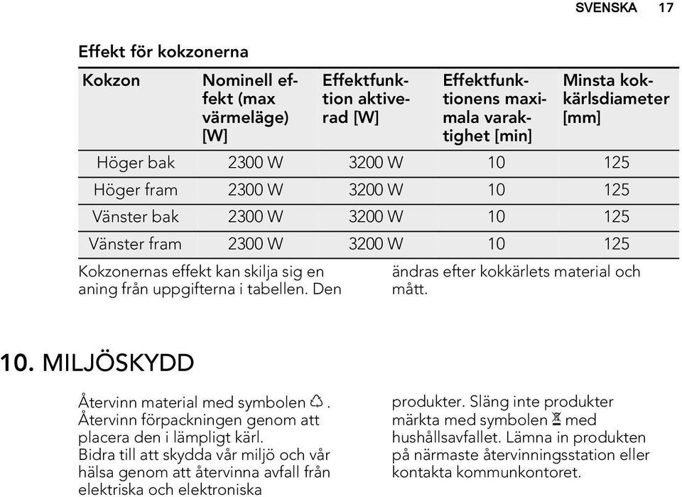 Den ändras efter kokkärlets material och mått. 10. MILJÖSKYDD Återvinn material med symbolen. Återvinn förpackningen genom att placera den i lämpligt kärl.