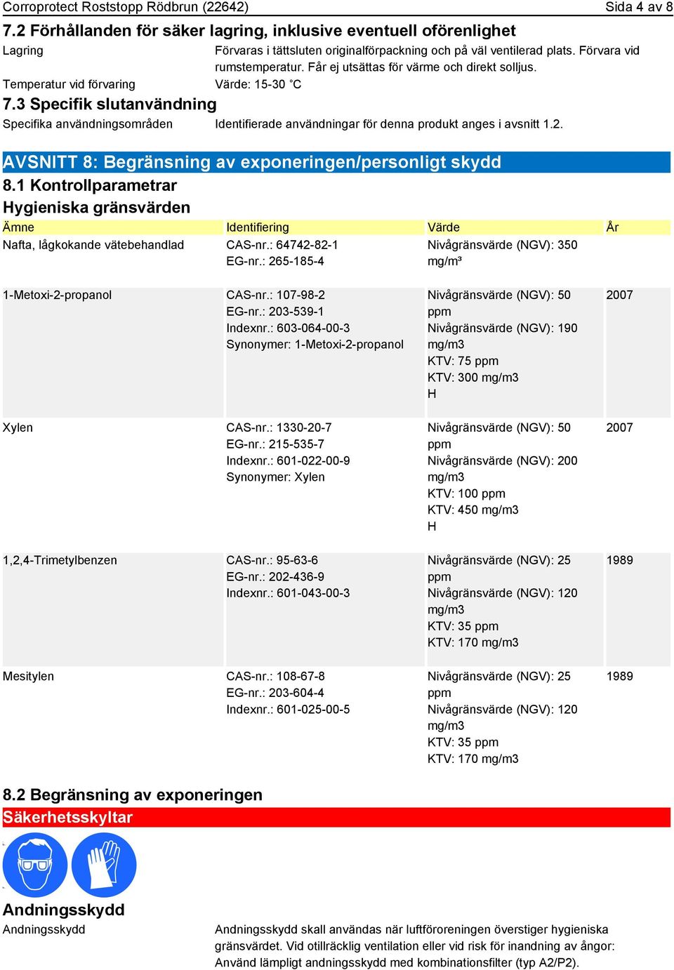 Får ej utsättas för värme och direkt solljus. Värde: 15-30 C 7.3 Specifik slutanvändning Specifika användningsområden Identifierade användningar för denna produkt anges i avsnitt 1.2.