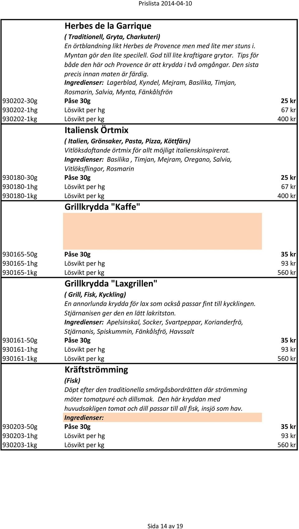 Ingredienser: Lagerblad, Kyndel, Mejram, Basilika, Timjan, Rosmarin, Salvia, Mynta, Fänkålsfrön 930202-30g Påse 30g 25 kr 930202-1hg Lösvikt per hg 67 kr 930202-1kg Lösvikt per kg 400 kr Italiensk