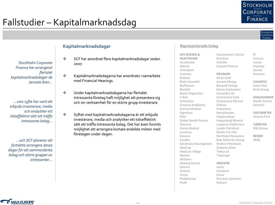 SCF har anordnat flera kapitalmarknadsdagar sedan 2007. Kapitalmarknadsdagarna har anordnats i samarbete med Financial Hearings.