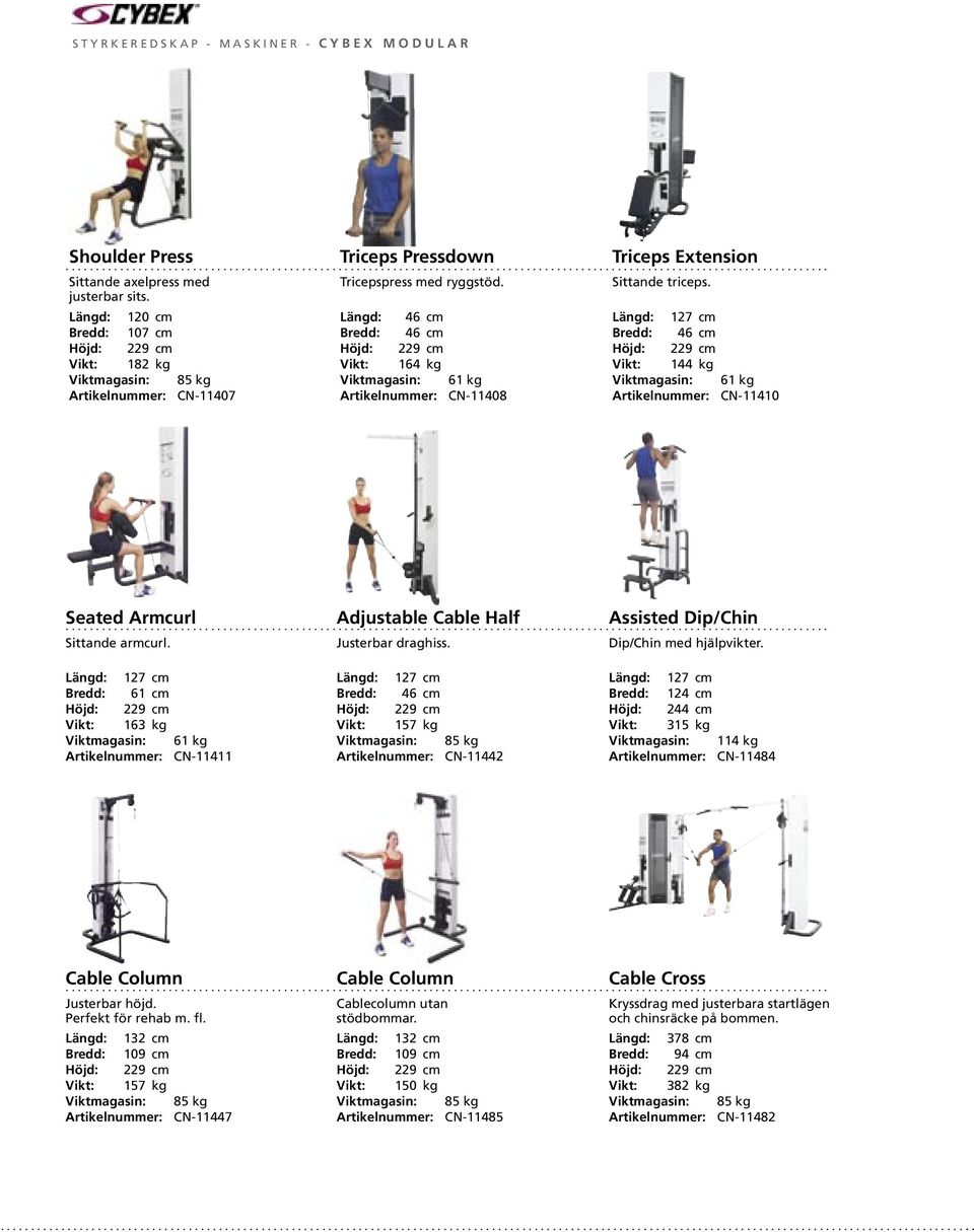 kg Viktmagasin: 61 kg Artikelnummer: CN-11410 Seated Armcurl Adjustable Cable Half Assisted Dip/Chin Sittande armcurl. Justerbar draghiss. Dip/Chin med hjälpvikter.