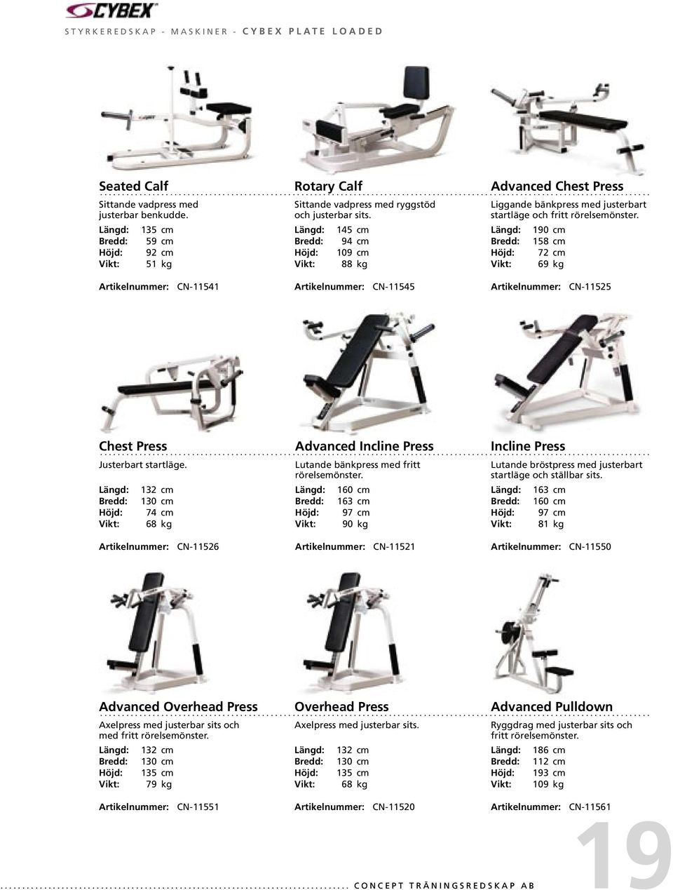 135 cm 59 cm 92 cm 51 kg Rotary Calf 145 cm 94 cm 109 cm 88 kg Advanced Chest Press 190 cm 158 cm 72 cm 69 kg Artikelnummer: CN-11541 Artikelnummer: CN-11545 Artikelnummer: CN-11525 Chest Press