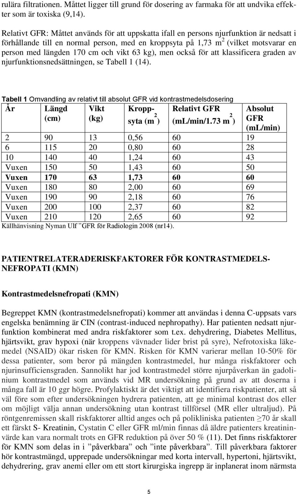 cm och vikt 63 kg), men också för att klassificera graden av njurfunktionsnedsättningen, se Tabell 1 (14).