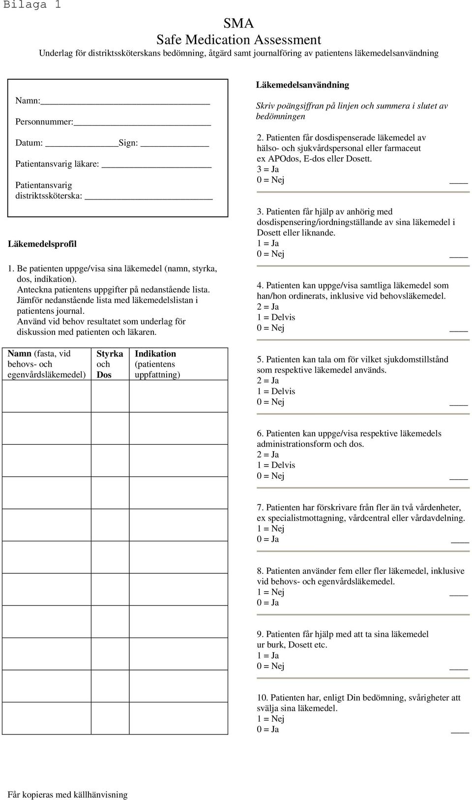 Jämför nedanstående lista med läkemedelslistan i patientens journal. Använd vid behov resultatet som underlag för diskussion med patienten och läkaren.