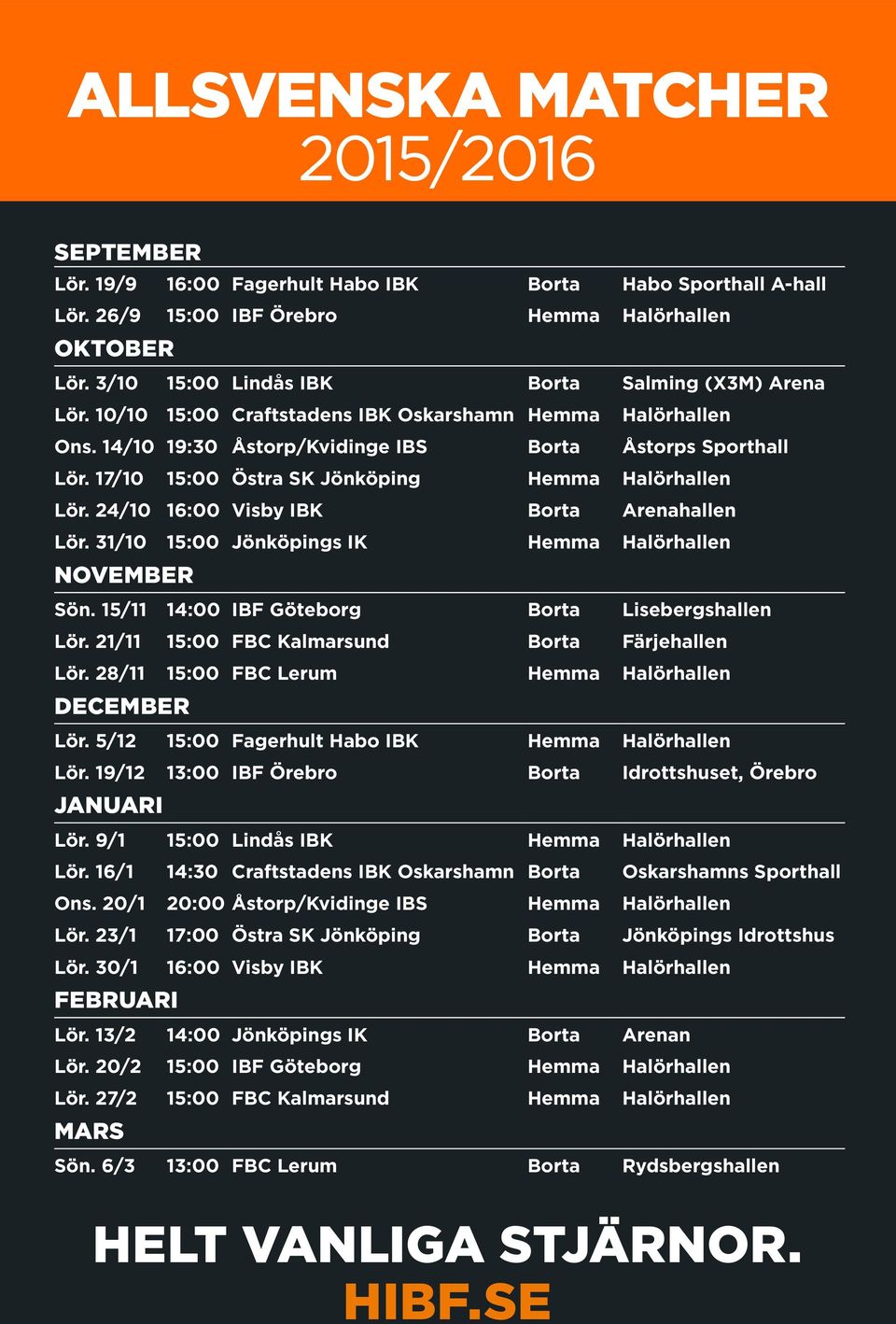 17/10 15:00 Östra SK Jönköping Hemma Halörhallen Lör. 24/10 16:00 Visby IBK Borta Arenahallen Lör. 31/10 15:00 Jönköpings IK Hemma Halörhallen NOVEMBER Sön.