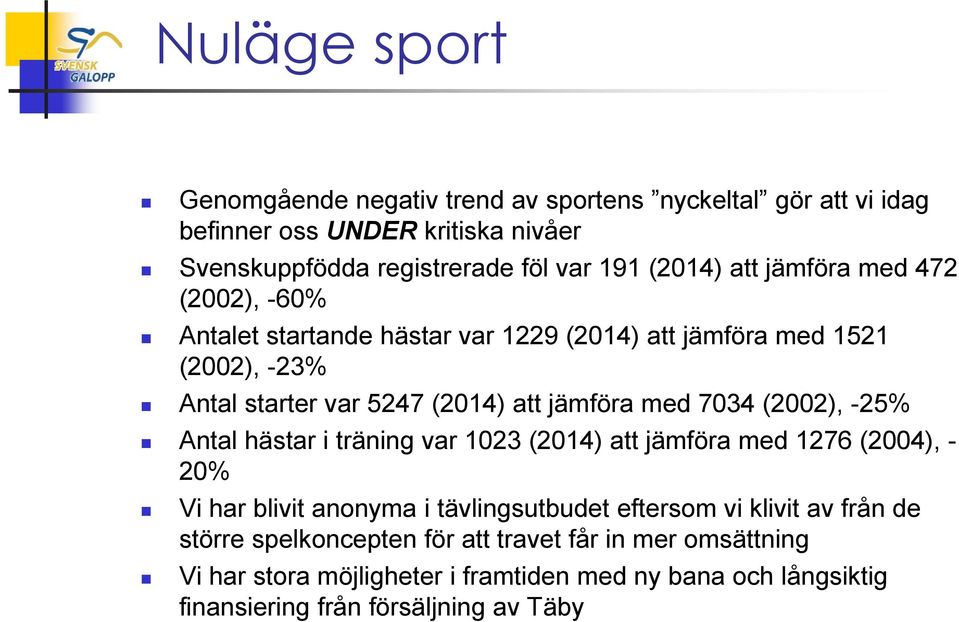 (2002), -25% Antal hästar i träning var 1023 (2014) att jämföra med 1276 (2004), - 20% Vi har blivit anonyma i tävlingsutbudet eftersom vi klivit av från de