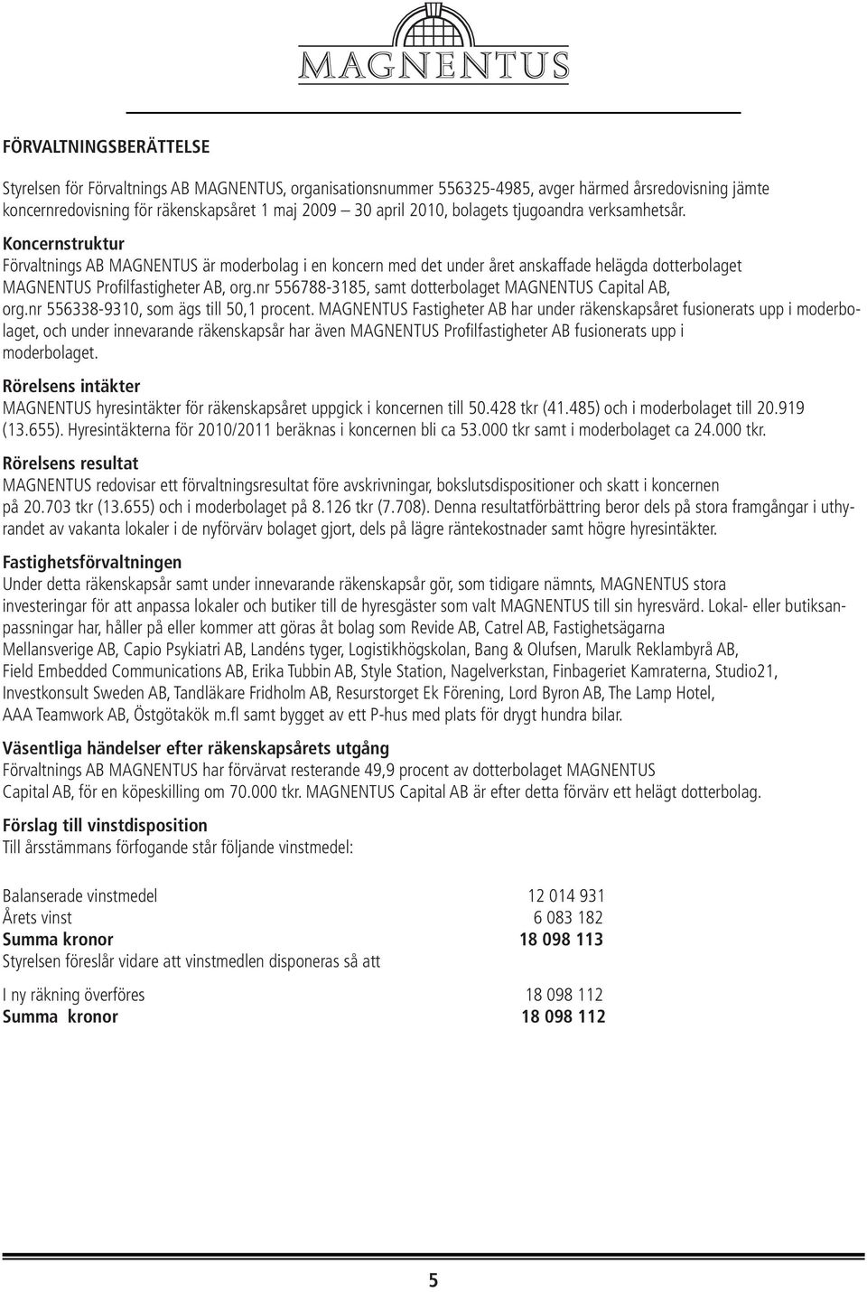 nr 556788-3185, samt dotterbolaget MAGNENTUS Capital AB, org.nr 556338-9310, som ägs till 50,1 procent.