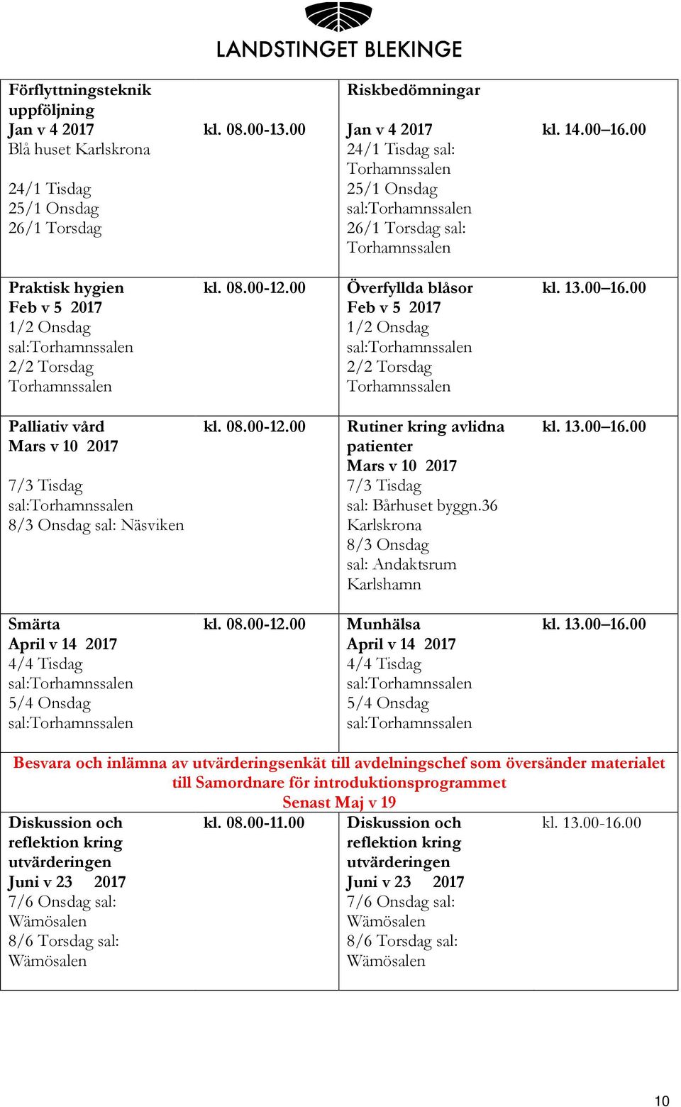 00 Praktisk hygien Feb v 5 2017 1/2 Onsdag 2/2 Torsdag Överfyllda blåsor Feb v 5 2017 1/2 Onsdag 2/2 Torsdag Palliativ vård Mars v 10 2017 7/3 Tisdag 8/3 Onsdag sal: Näsviken Rutiner kring avlidna