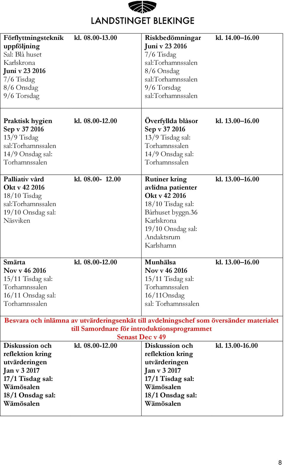 00 Praktisk hygien Sep v 37 2016 13/9 Tisdag 14/9 Onsdag sal: Överfyllda blåsor Sep v 37 2016 13/9 Tisdag sal: 14/9 Onsdag sal: Palliativ vård Okt v 42 2016 18/10 Tisdag 19/10 Onsdag sal: Näsviken kl.