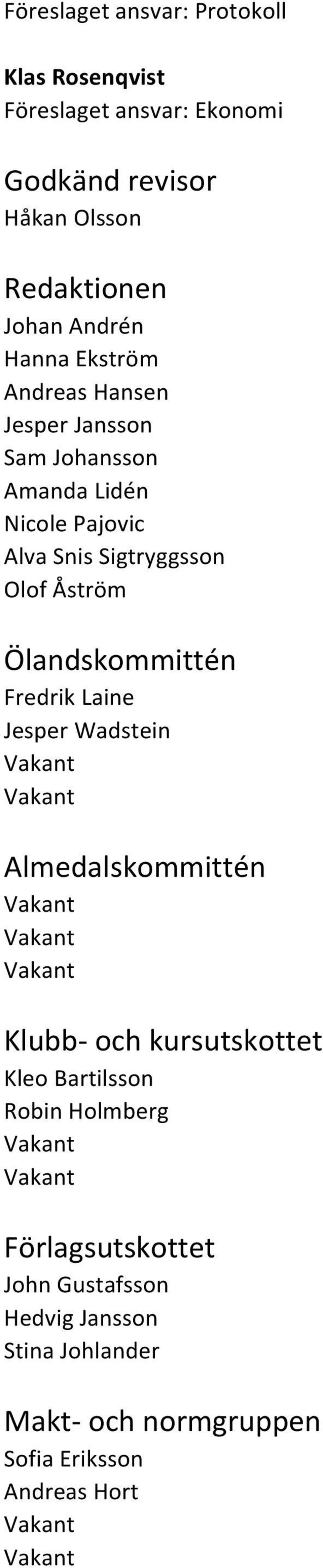 Olof Åström Ölandskommittén Fredrik Laine Jesper Wadstein Almedalskommittén Klubb- och kursutskottet Kleo Bartilsson