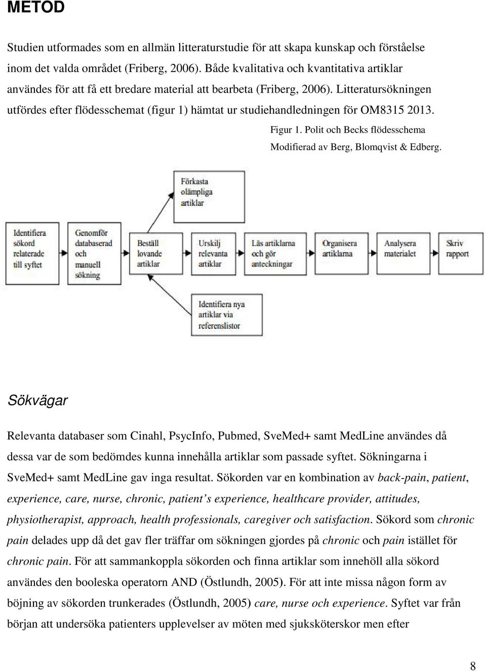 Litteratursökningen utfördes efter flödesschemat (figur 1) hämtat ur studiehandledningen för OM8315 2013. Figur 1. Polit och Becks flödesschema Modifierad av Berg, Blomqvist & Edberg.