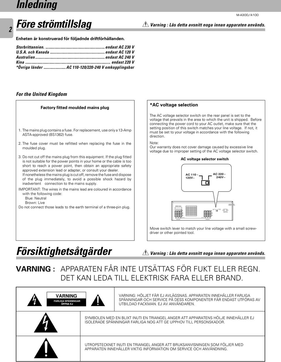 .. endast AC 240 V Kina... endast 220 V *Övriga länder... AC 110-120/220-240 V omkopplingsbar For the United Kingdom Factory fitted moulded mains plug 1. The mains plug contains a fuse.