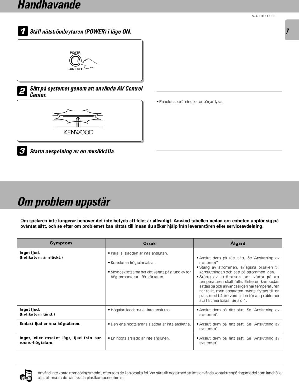 Använd tabellen nedan om enheten uppför sig på oväntat sätt, och se efter om problemet kan rättas till innan du söker hjälp från leverantören eller serviceavdelning. Symptom Inget ljud.