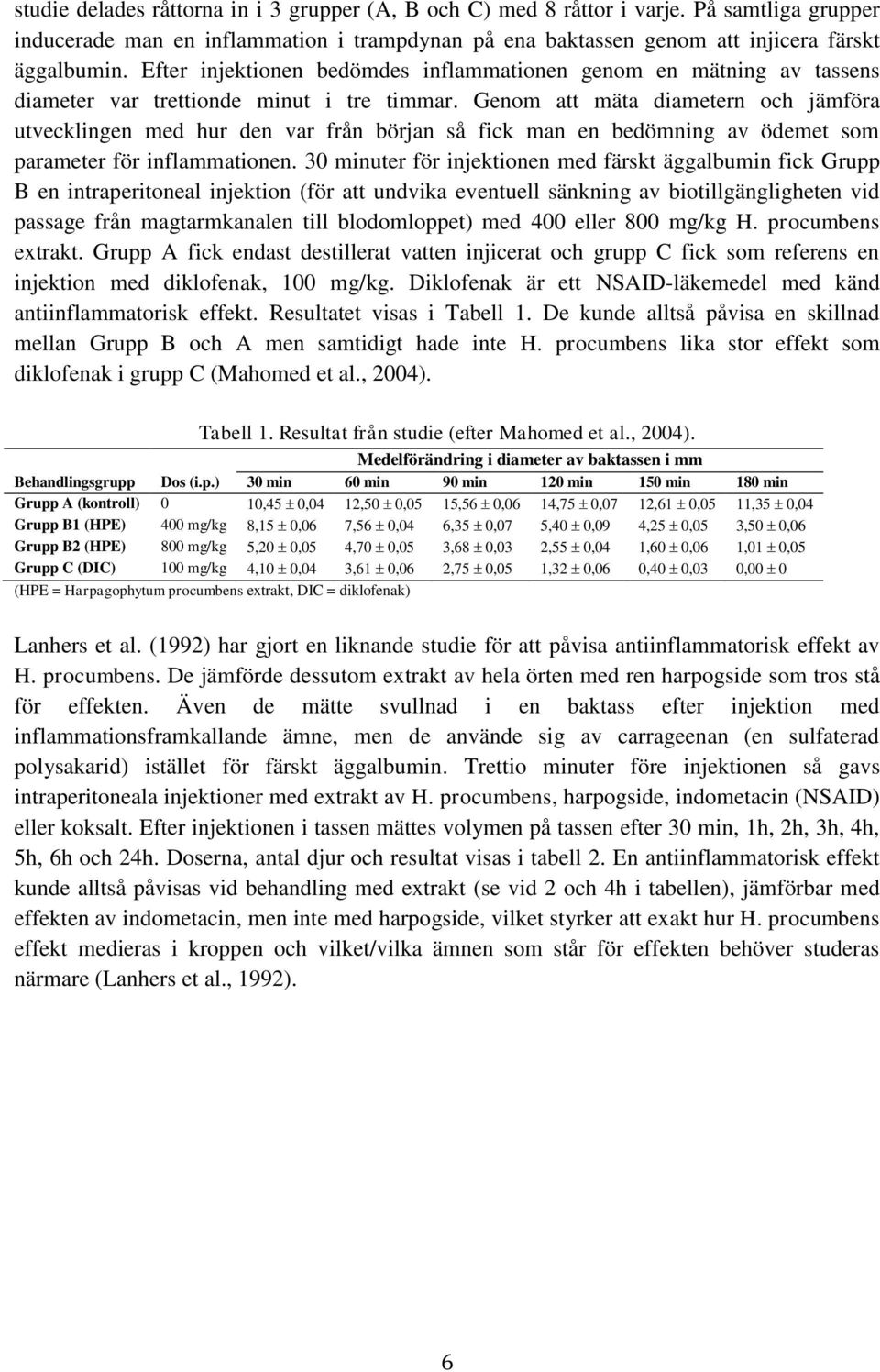 Genom att mäta diametern och jämföra utvecklingen med hur den var från början så fick man en bedömning av ödemet som parameter för inflammationen.